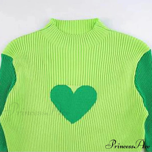 Heart Shape Long Charming Sleeve Knitted Top Green / S