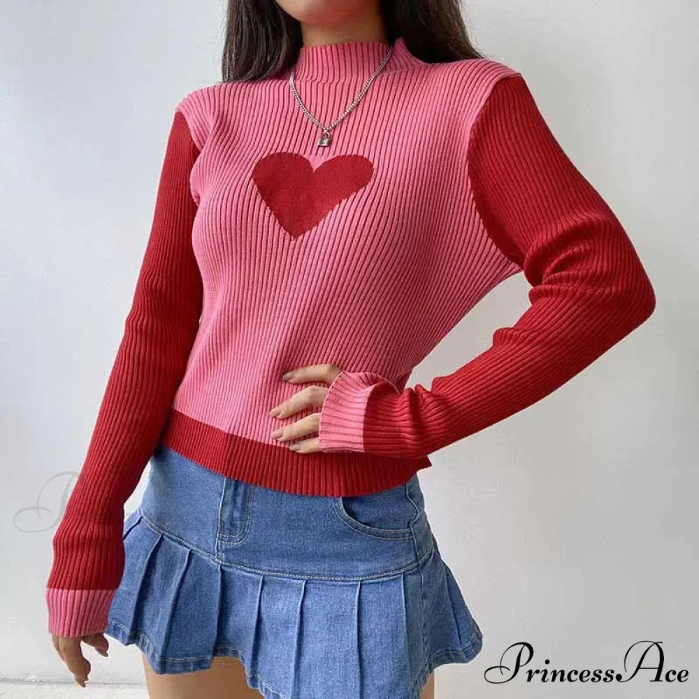 Heart Shape Long Charming Sleeve Knitted Top Pink / S