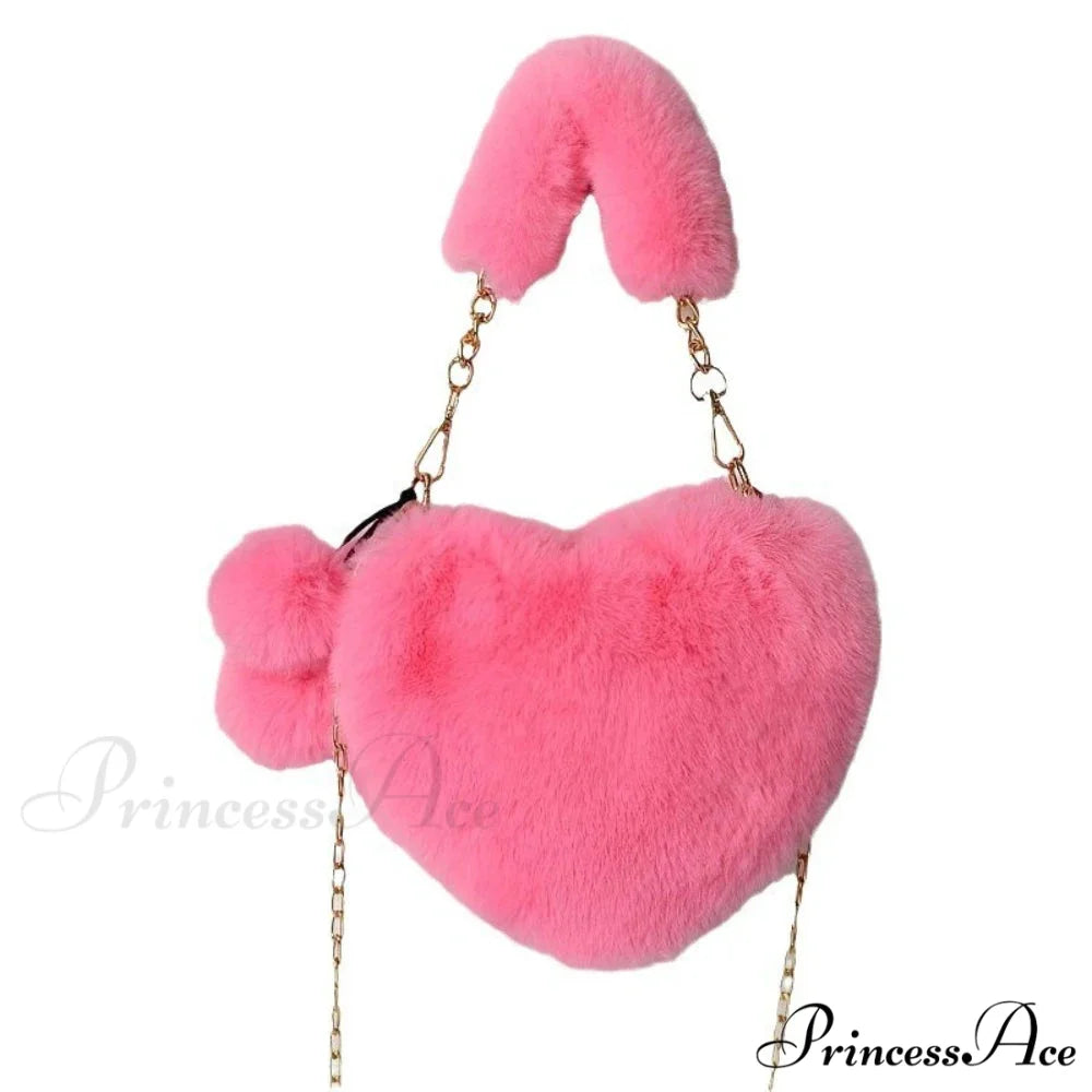 Heart-shaped Artificial Fur Plush Petite Crossbody Purse Bright pink handbag-250126