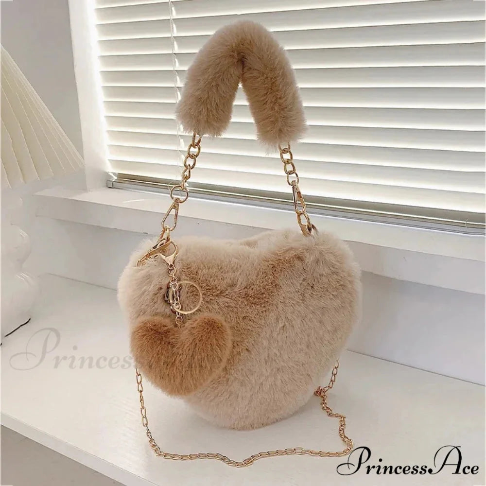Heart-shaped Artificial Fur Plush Petite Crossbody Purse khaki handbag-250126