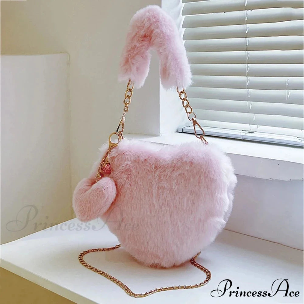 Heart-shaped Artificial Fur Plush Petite Crossbody Purse Pink handbag-250126