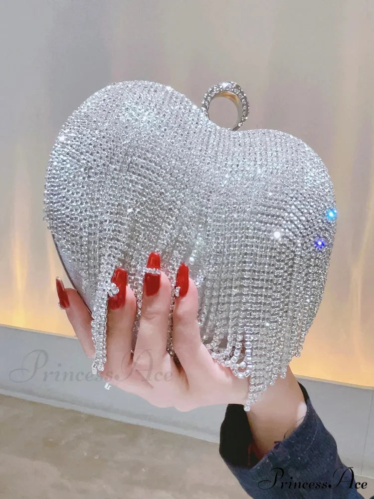 Heart Shaped Sparkling Clutch Evening Opulent Gem Wedding Purse Silver clutchbag-250126