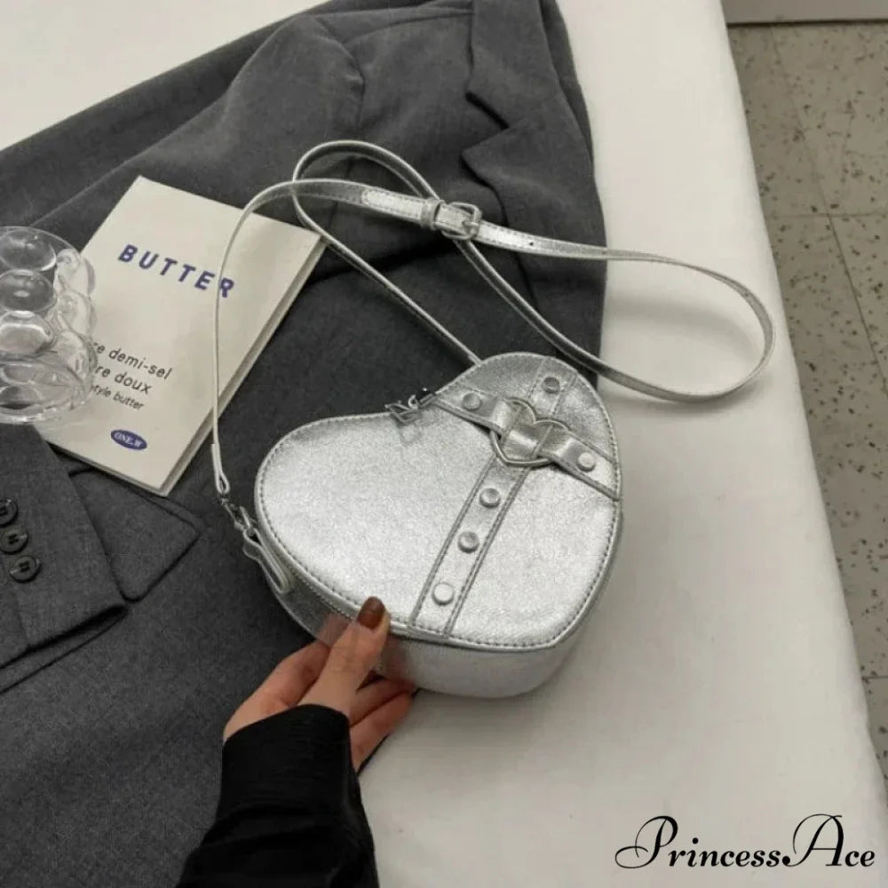 Heart Shaped Synthetic Leather Shoulder Bag Sliver shoulder-250126