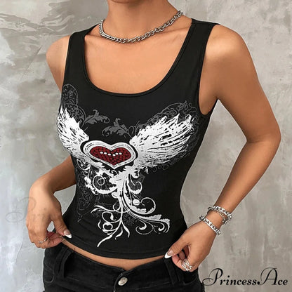 Heart & Wings Printed Gothic Dark Fairy Grunge Crop Top Black / S