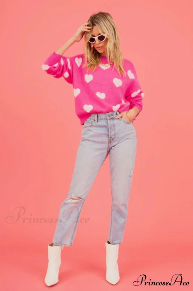 Heartfelt Bliss Stylish Heart Print Sweater Hot Pink / M