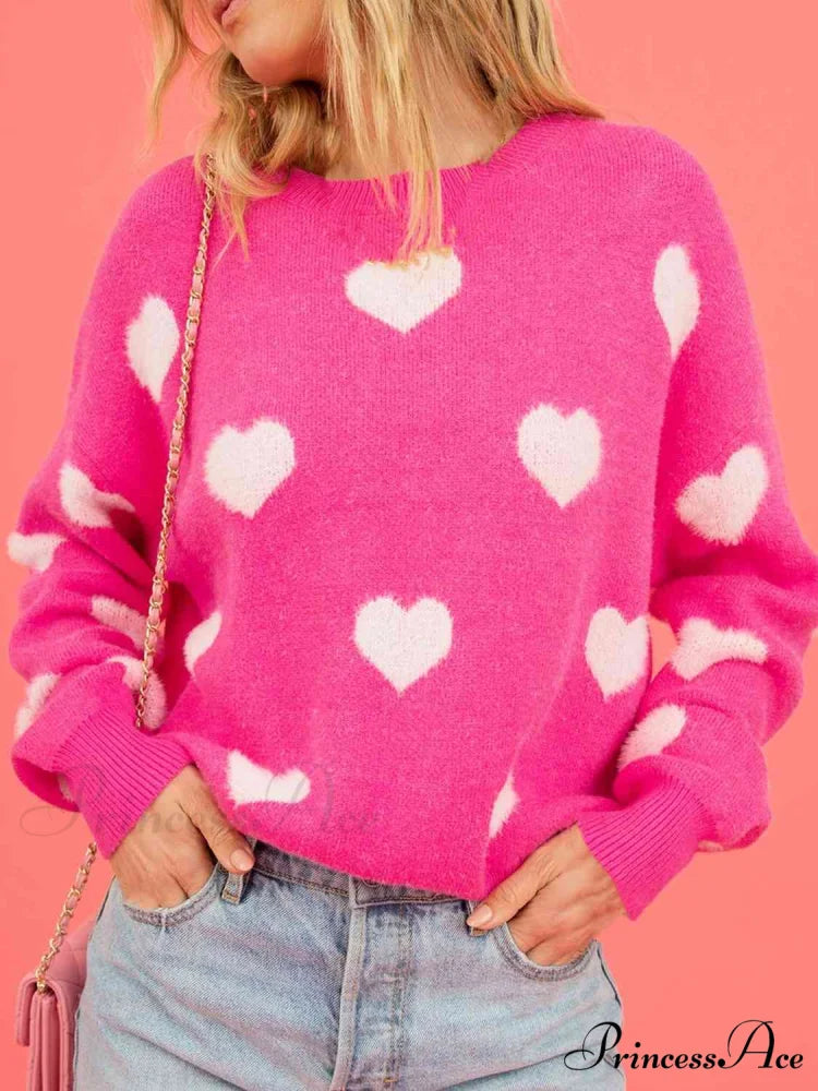 Heartfelt Bliss Stylish Heart Print Sweater Hot Pink / S