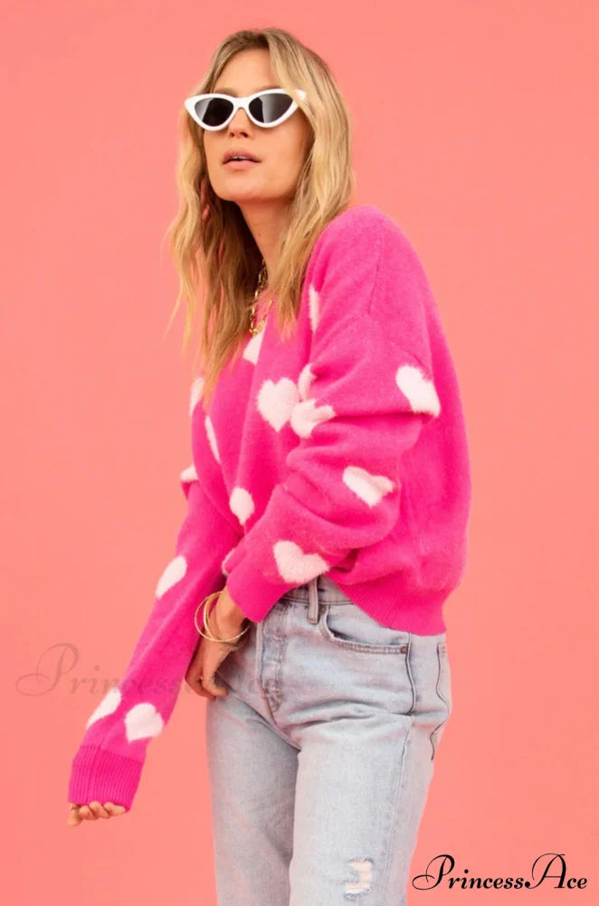 Heartfelt Bliss Stylish Heart Print Sweater Hot Pink / XL