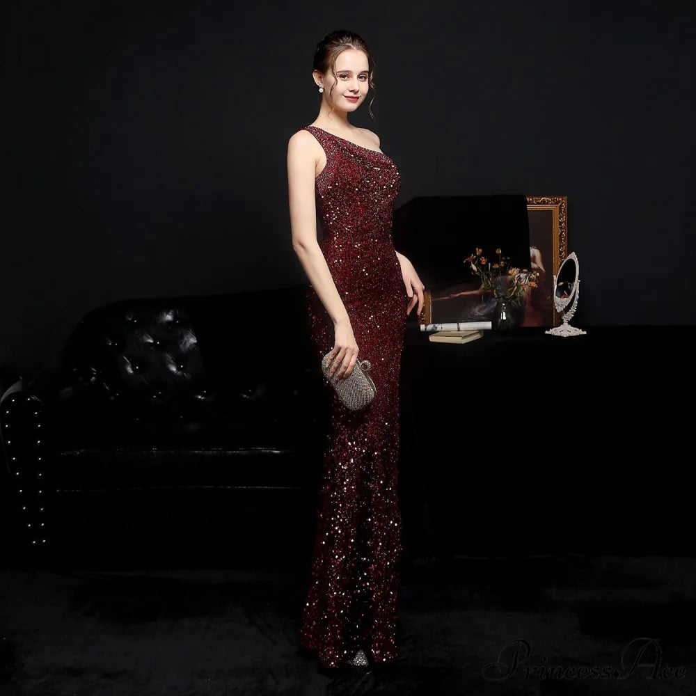 Heary dazzling sequined Charming one-shoulder asymmetric dress BURGUNDY / XS