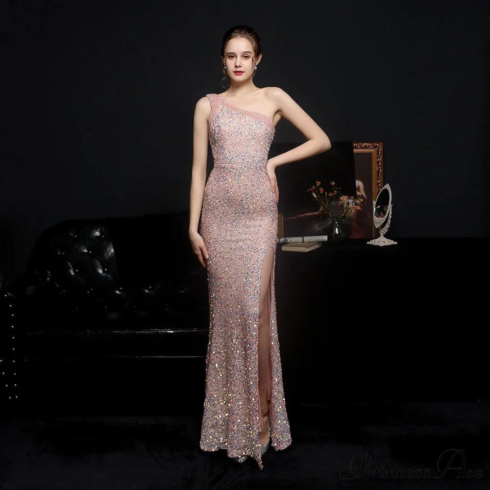 Heary dazzling sequined Charming one-shoulder asymmetric dress GOLD / XS