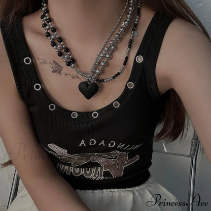 Heavy Heart Pendant Beaded Necklace BLACK