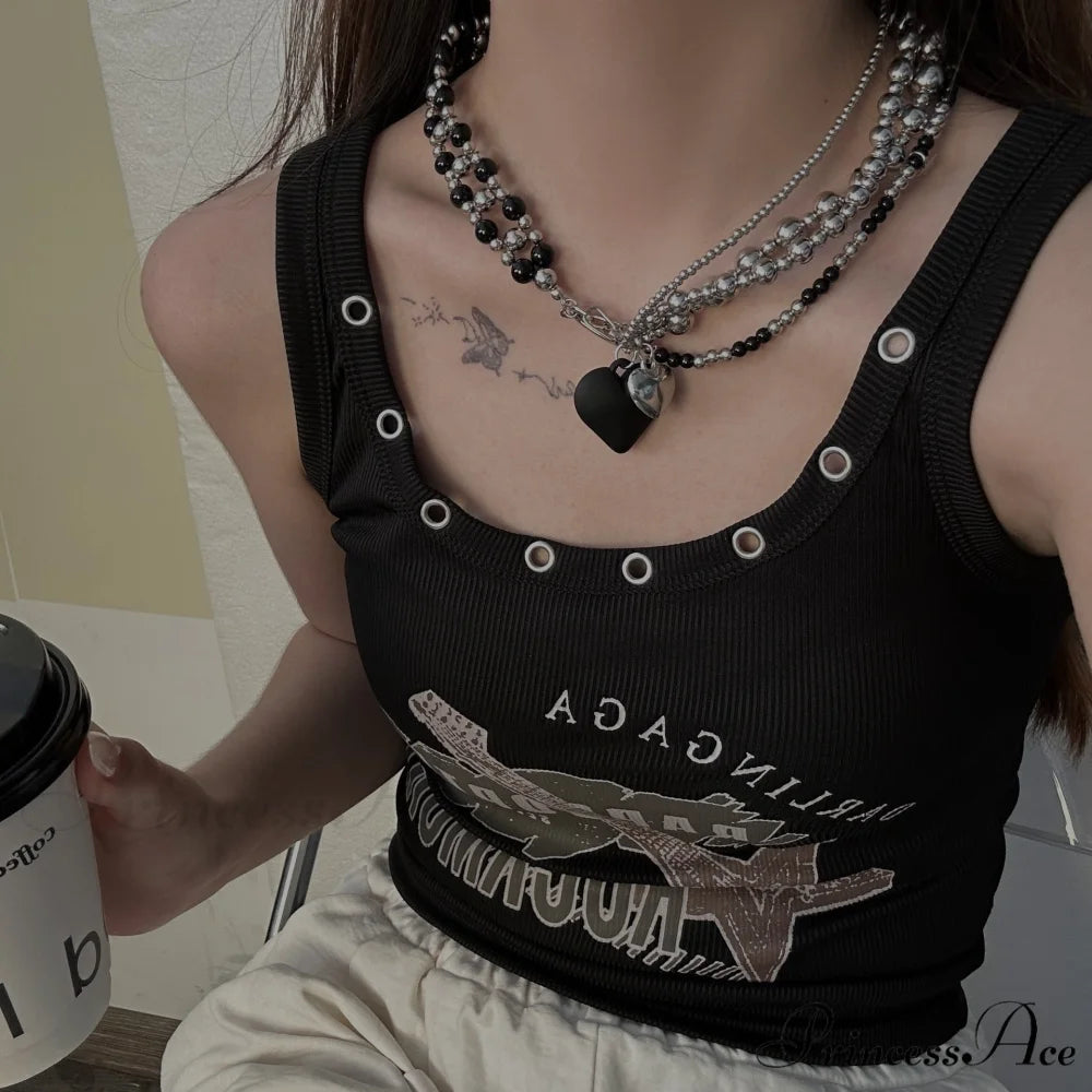 Heavy Heart Pendant Beaded Necklace BLACK