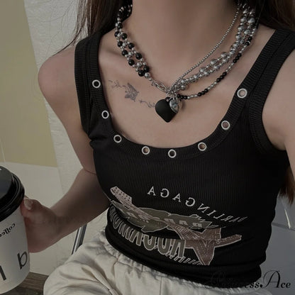 Heavy Heart Pendant Beaded Necklace BLACK