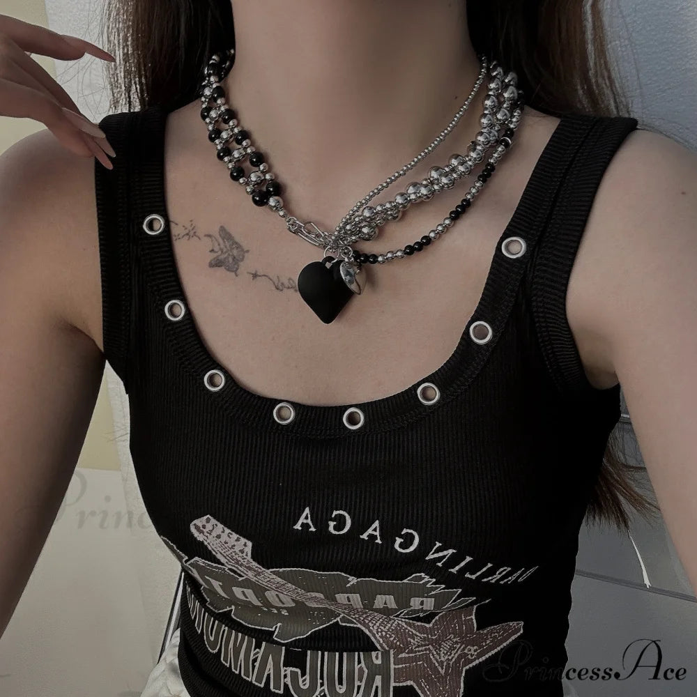 Heavy Heart Pendant Beaded Necklace BLACK