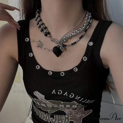 Heavy Heart Pendant Beaded Necklace BLACK