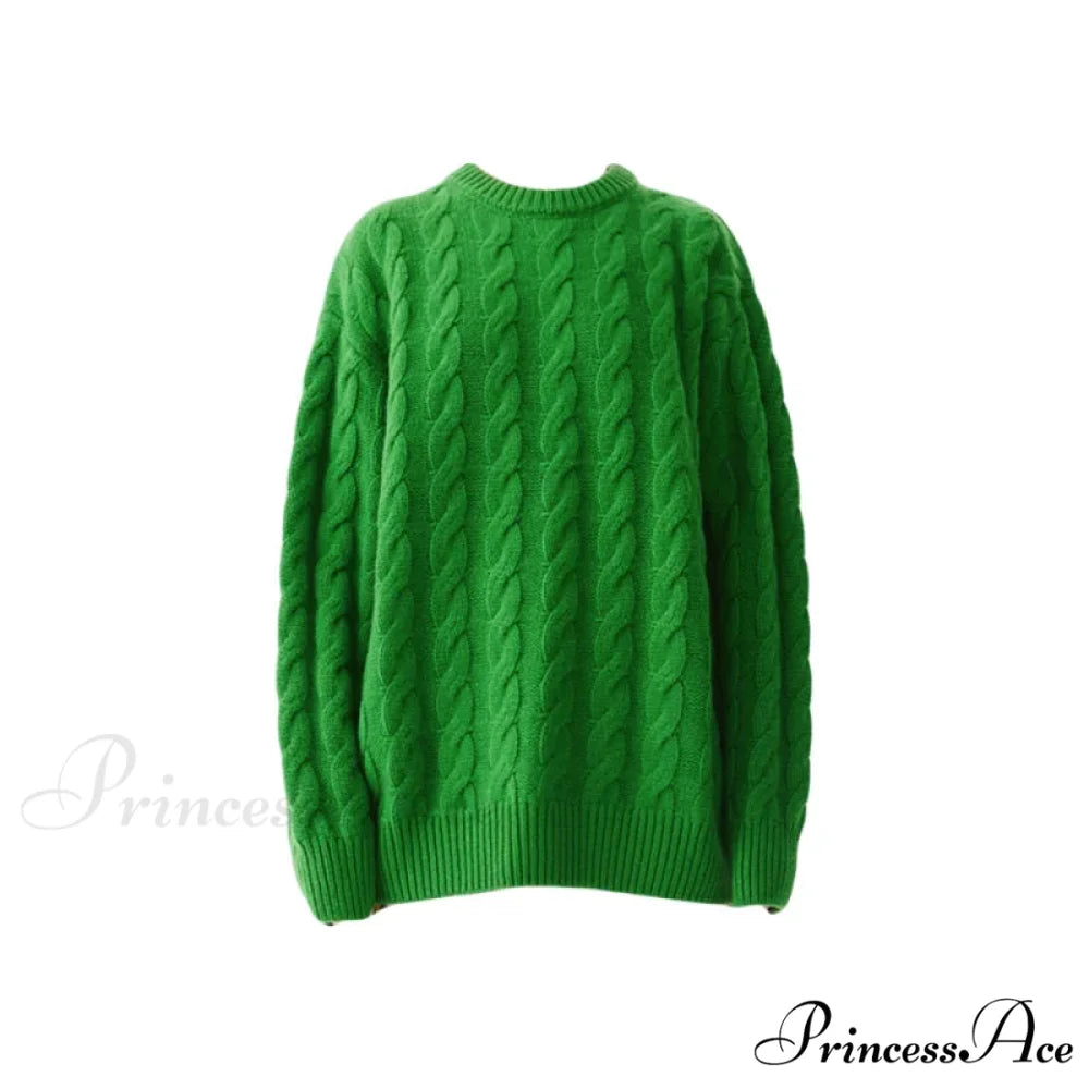 Heavy weight Merino Woolen Versatile Lazy Loose Round Neck Twisted Flower Christmas Sweater