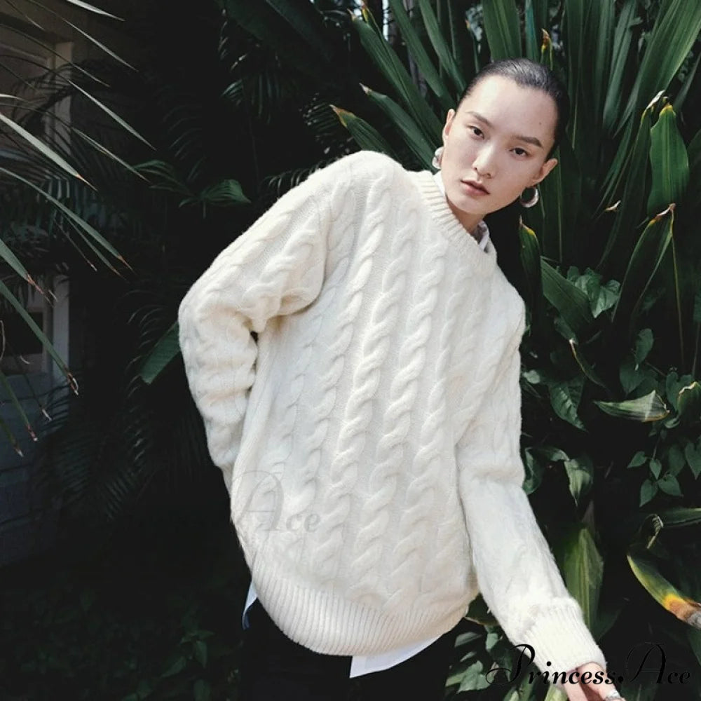 Heavy weight Merino Woolen Versatile Lazy Loose Round Neck Twisted Flower Christmas Sweater WHITE / S