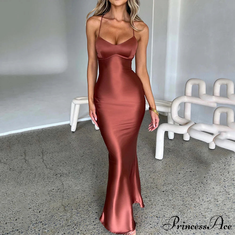 Heidi Formal Stylish Satin Lattice Dress Brown / S