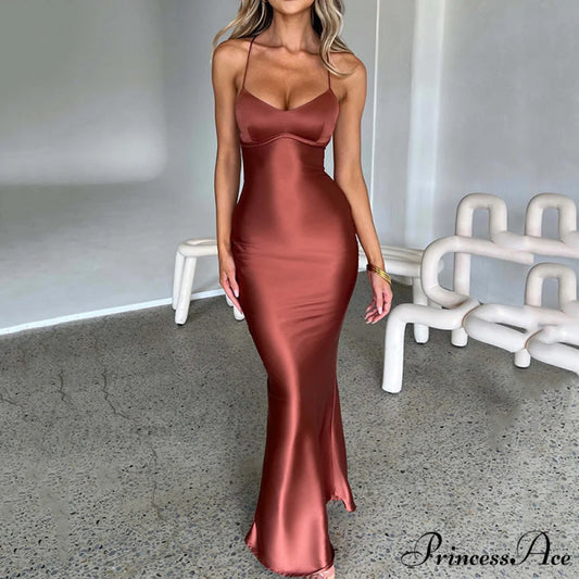 Heidi Formal Stylish Satin Lattice Dress Brown / S