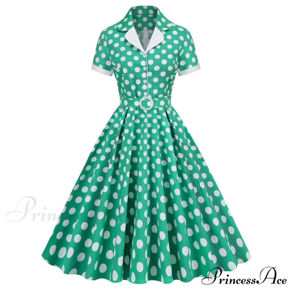 Hepburn Retro Flare Polka Dot Vintage Swing Robe Short Sleeve A Line Sun With Bow Birthday Elegant Tea Dress Green / S