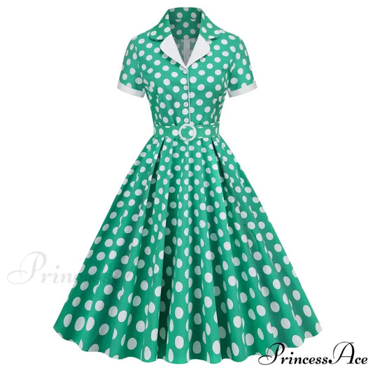 Hepburn Retro Flare Polka Dot Vintage Swing Robe Short Sleeve A Line Sun With Bow Birthday Elegant Tea Dress Green / S