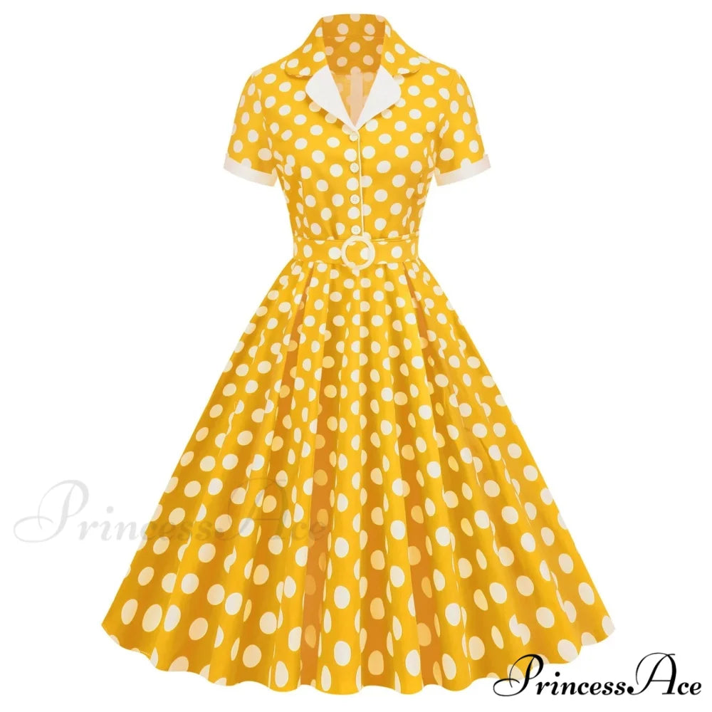 Hepburn Retro Flare Polka Dot Vintage Swing Robe Short Sleeve A Line Sun With Bow Birthday Elegant Tea Dress Yellow / S