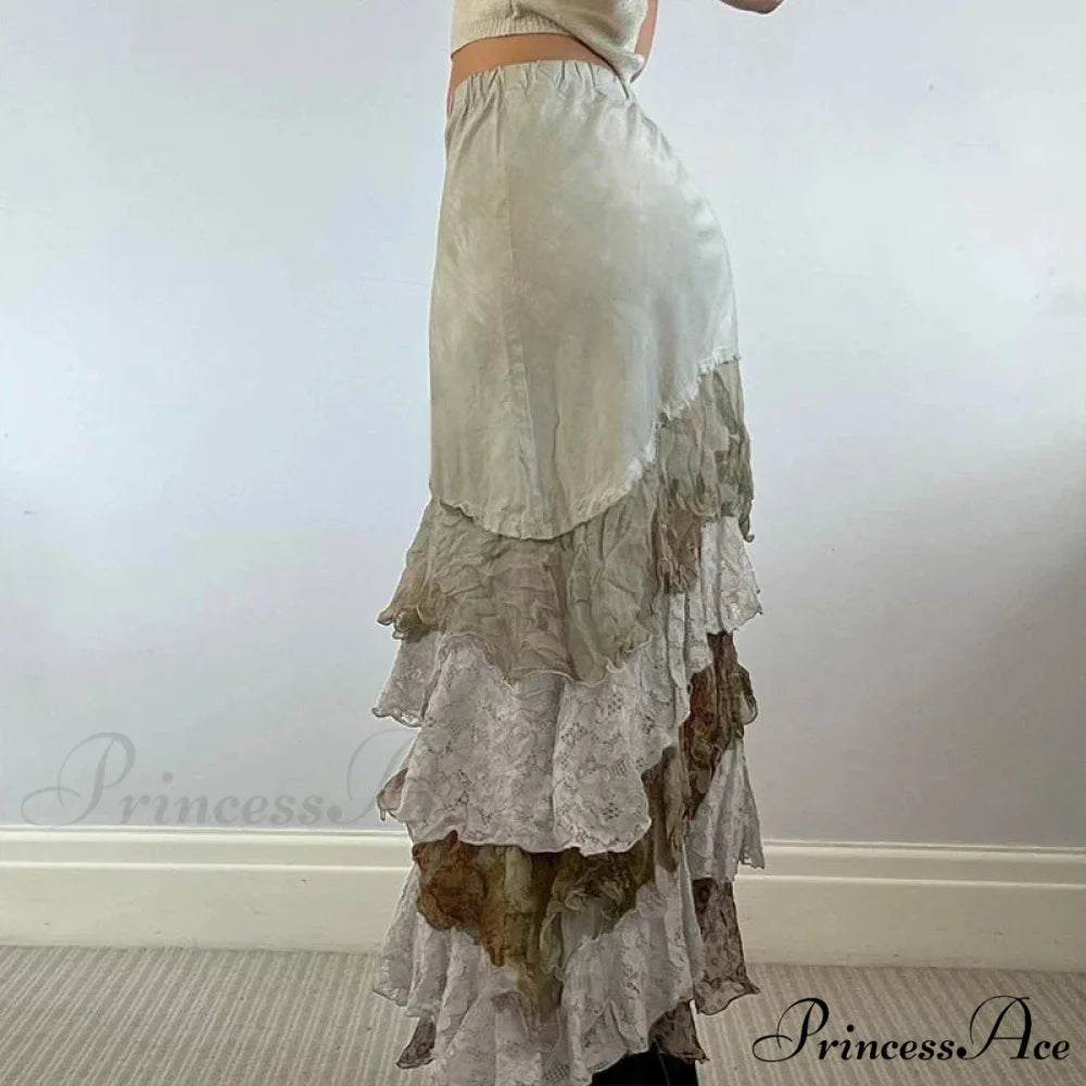 HEYounGIRL Y2K Aesthetic Lace Tiered Irregular Skirt Mori Girl Modified Title: YOUNGIRL Y2K Aesthetic Lace Layered