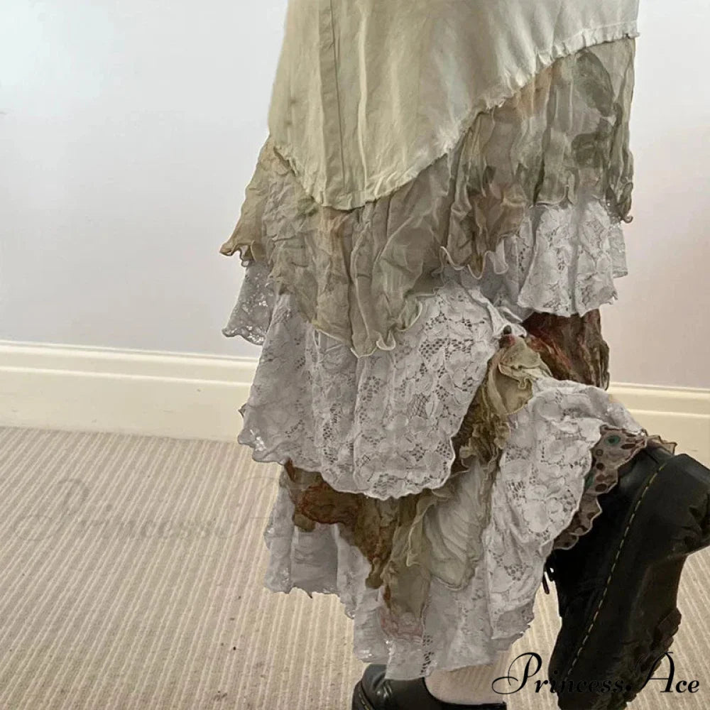 HEYounGIRL Y2K Aesthetic Lace Tiered Irregular Skirt Mori Girl Modified Title: YOUNGIRL Y2K Aesthetic Lace Layered