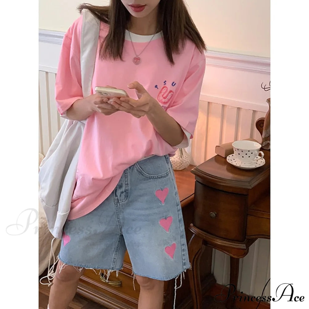 High Baggy Mom Wide Trousers Vintage Jeans Warm-Season Leg Waist Denim Women’s Straight Pants Pink / S