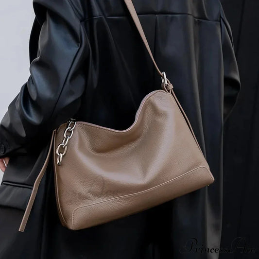 High-end Authentic Leather Adaptable Shoulder Hobo Bag khaki / 31 x 23 x 12 cm shoulder-250126