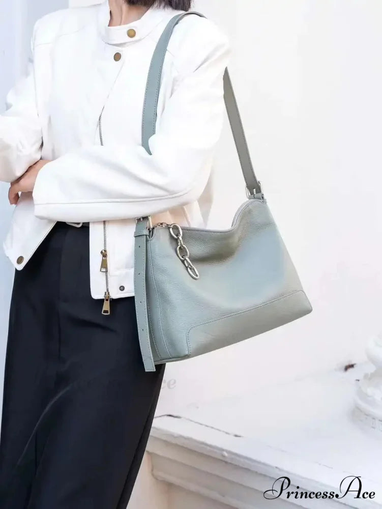 High-end Authentic Leather Adaptable Shoulder Hobo Bag light green / 31 x 23 x 12 cm shoulder-250126