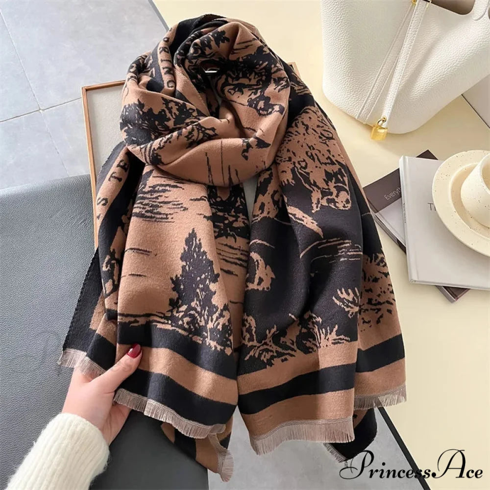 High-end Brand Cashmere Floral Winter Scarf black 1 scarf-241228