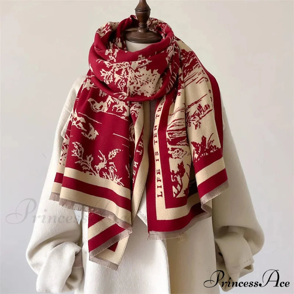 High-end Brand Cashmere Floral Winter Scarf red 2 scarf-241228