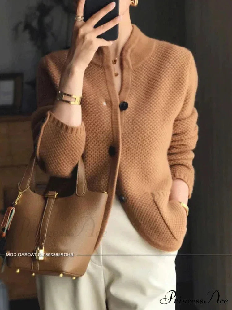 High-end Cashmere Wool Long Sleeve Half Collar Cardigan BROWN / S