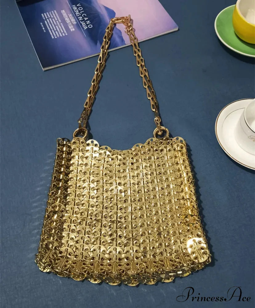 High-end Designer Handcrafted Metal Chain Purse Large Gold5 shoulder-250126
