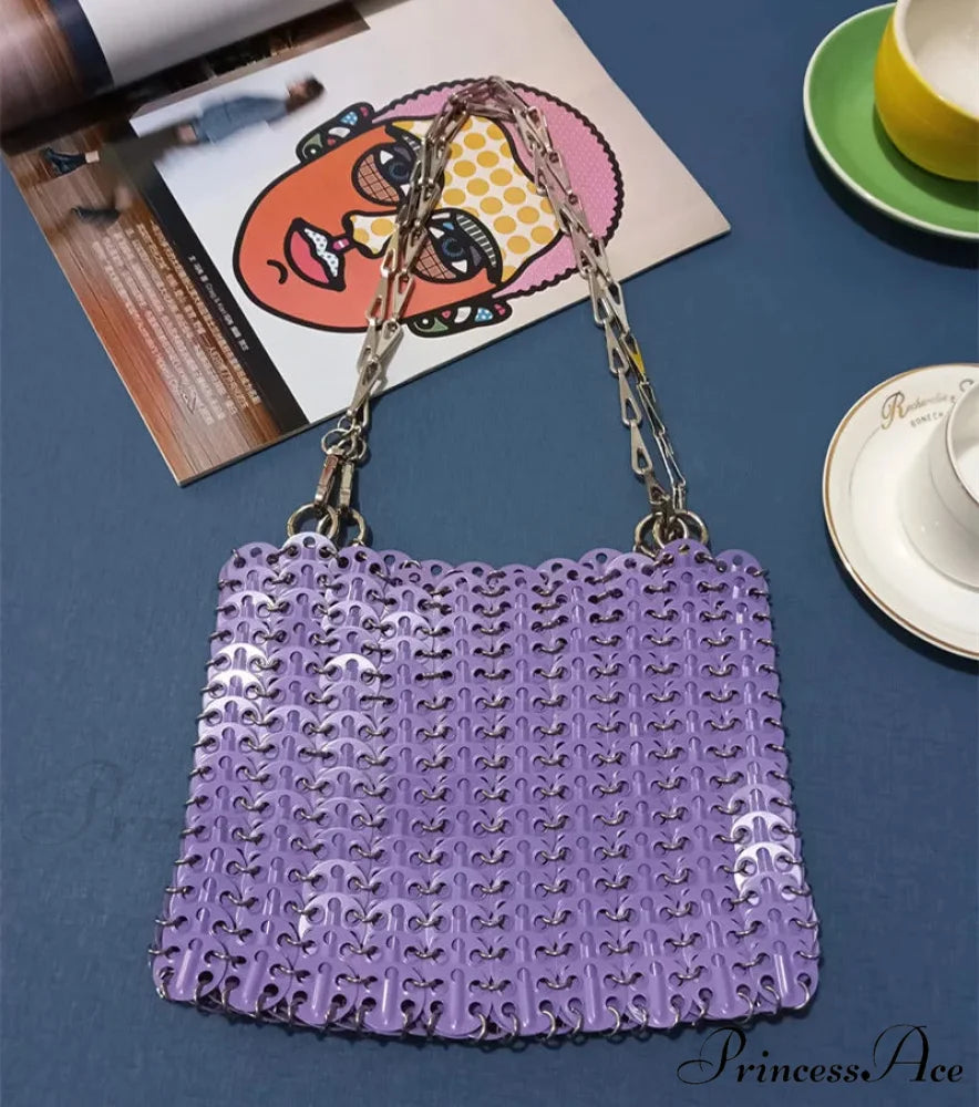 High-end Designer Handcrafted Metal Chain Purse Large Purple shoulder-250126