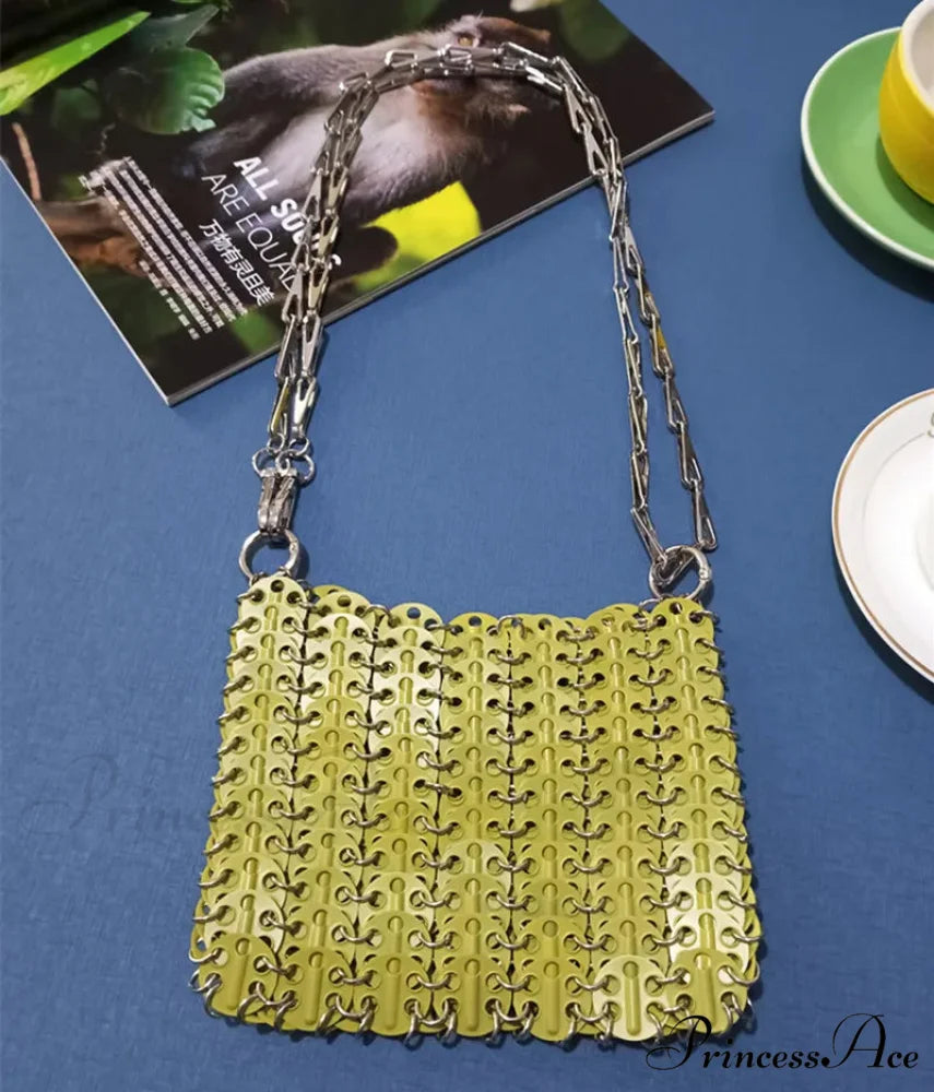 High-end Designer Handcrafted Metal Chain Purse Medium Avocado shoulder-250126