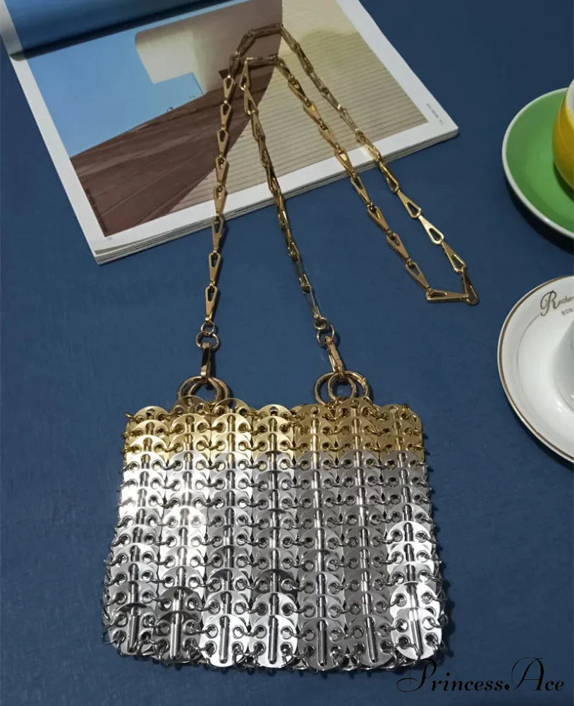 High-end Designer Handcrafted Metal Chain Purse Medium Gold Silver7 shoulder-250126