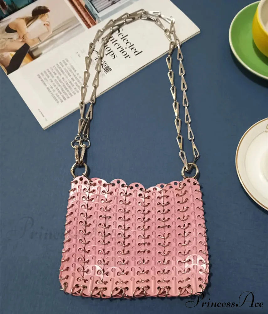 High-end Designer Handcrafted Metal Chain Purse Medium Pink shoulder-250126