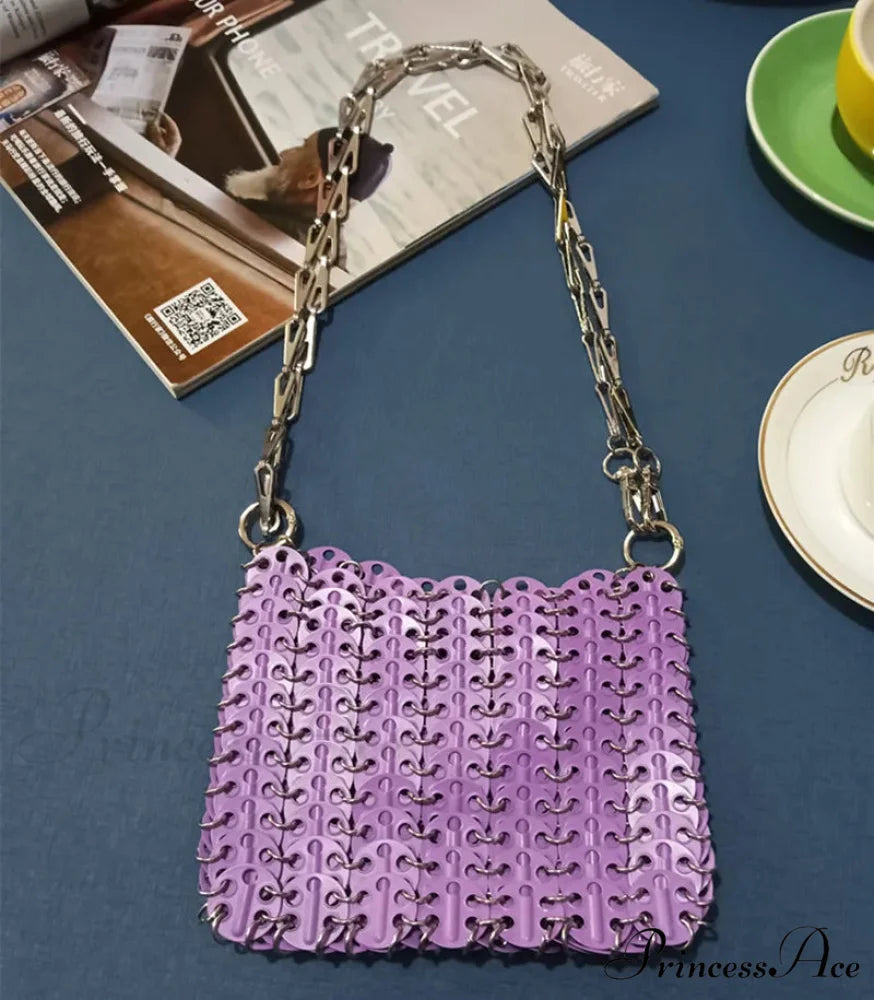 High-end Designer Handcrafted Metal Chain Purse Medium Purple shoulder-250126