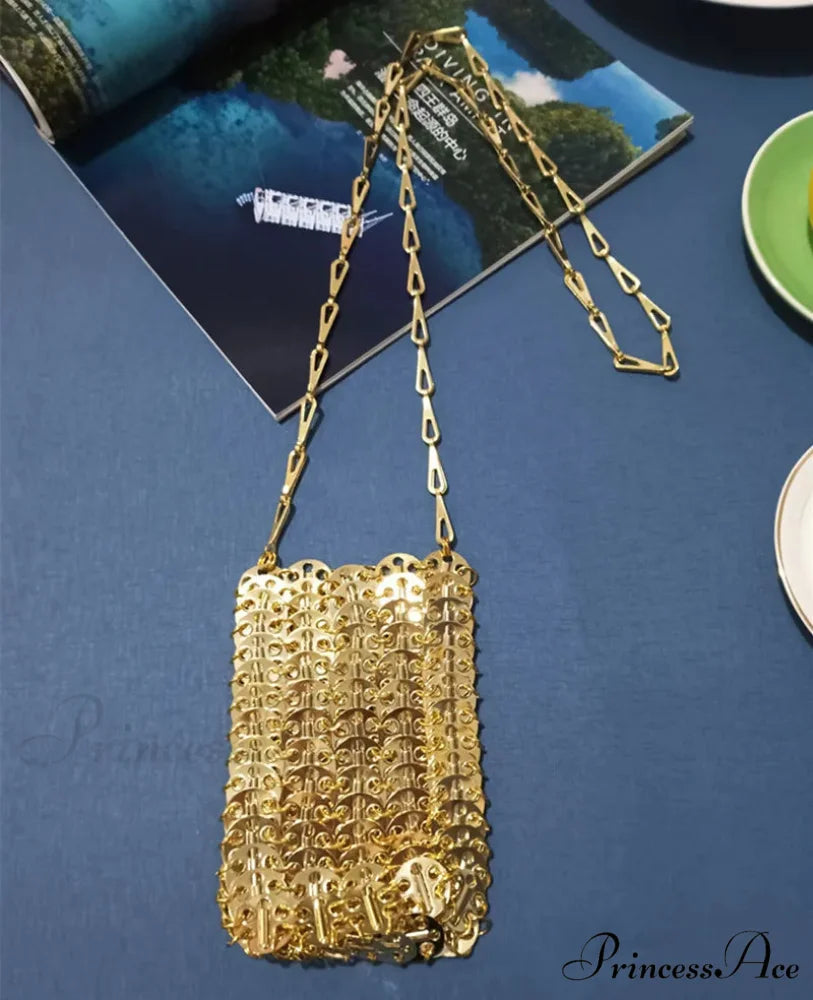 High-end Designer Handcrafted Metal Chain Purse Small Gold shoulder-250126