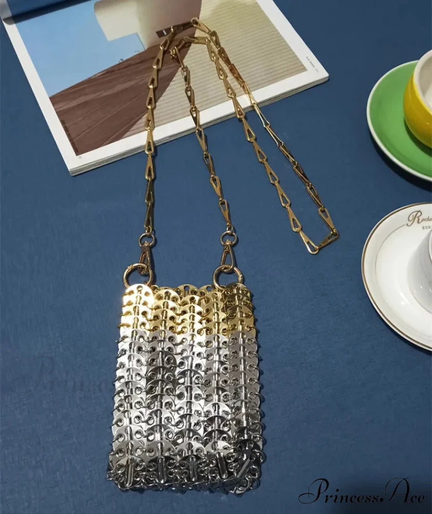 High-end Designer Handcrafted Metal Chain Purse Small Gold Silver shoulder-250126
