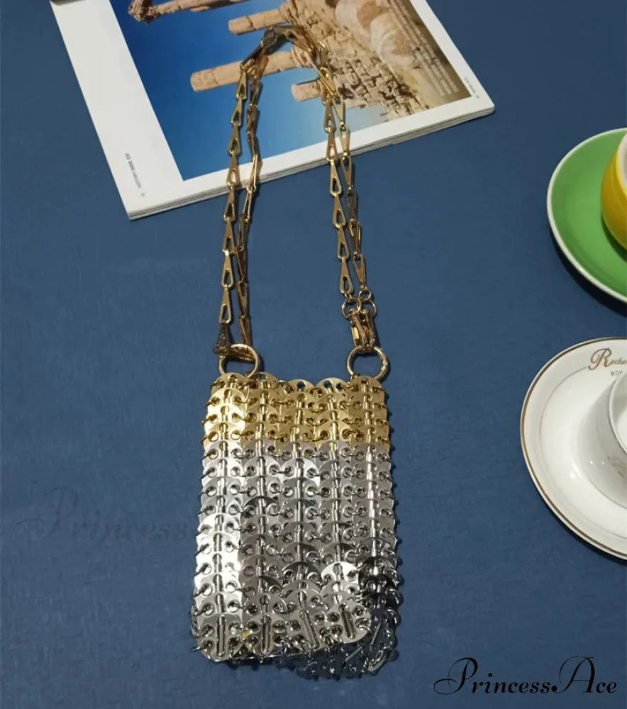 High-end Designer Handcrafted Metal Chain Purse Small Gold Silver8 shoulder-250126