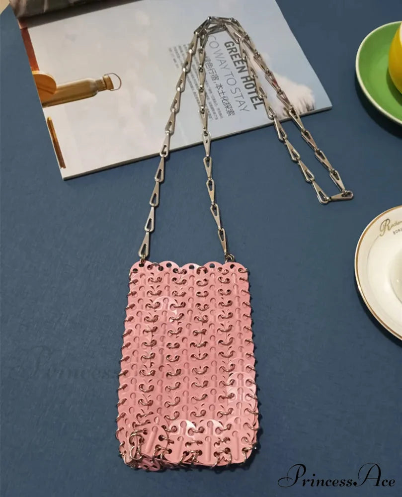 High-end Designer Handcrafted Metal Chain Purse Small Pink shoulder-250126