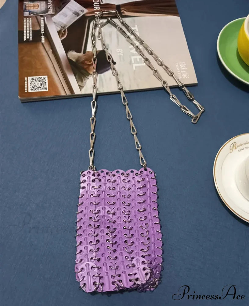 High-end Designer Handcrafted Metal Chain Purse Small Purple shoulder-250126