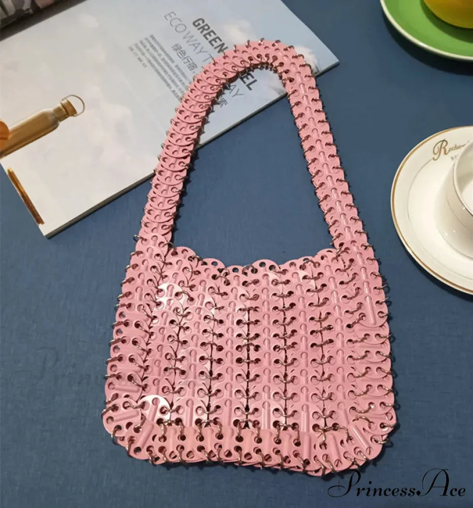 High-end Designer Handcrafted Metal Chain Purse Thick Pink shoulder-250126