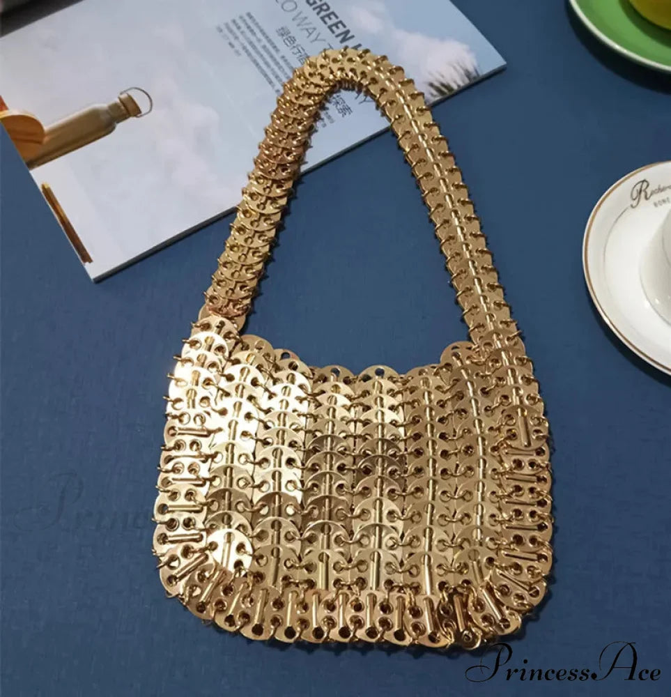 High-end Designer Handcrafted Metal Chain Purse Thick Rose Gold shoulder-250126