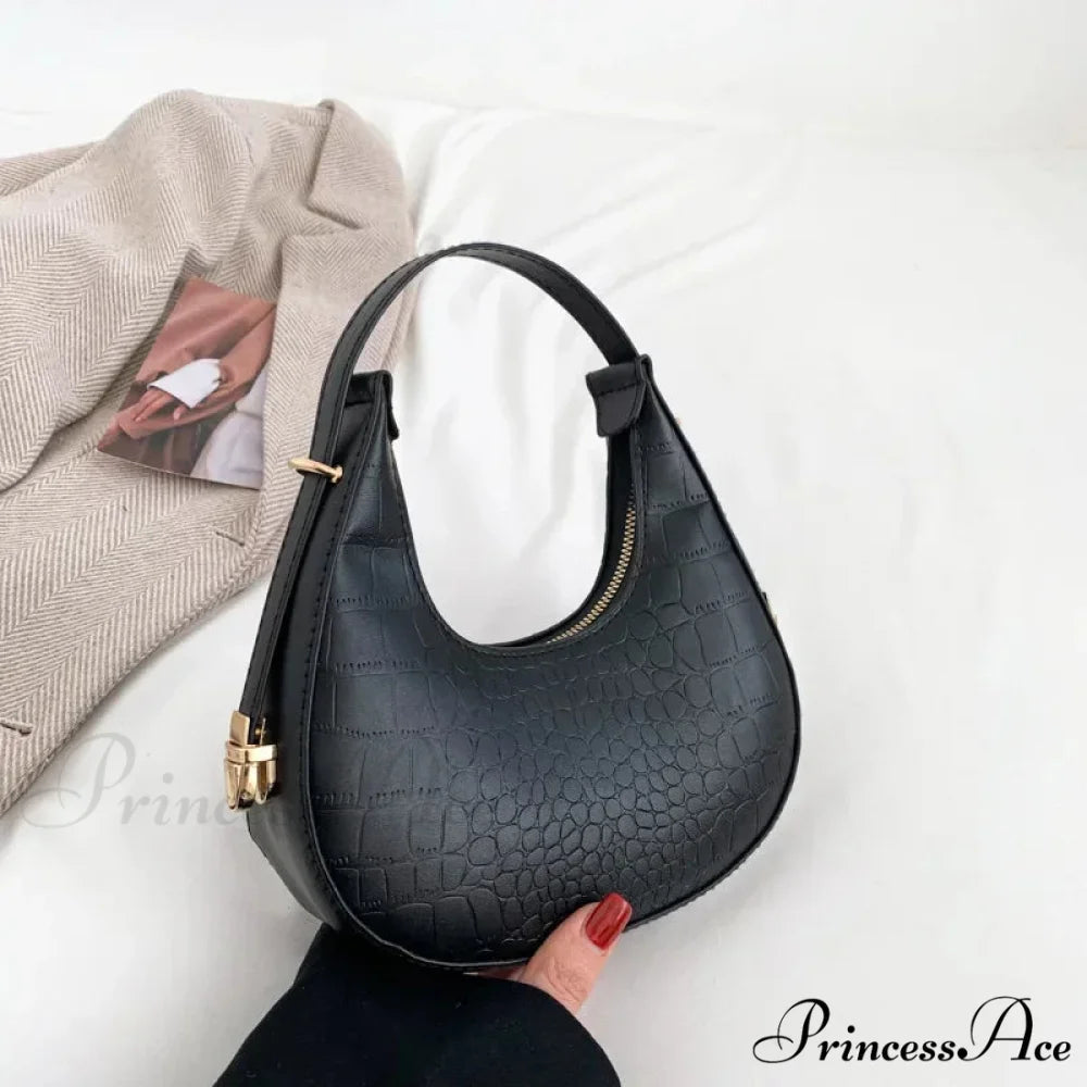 High-end PU Leather Petite Shoulder Clutch Bag Black-Alligator shoulder-250126