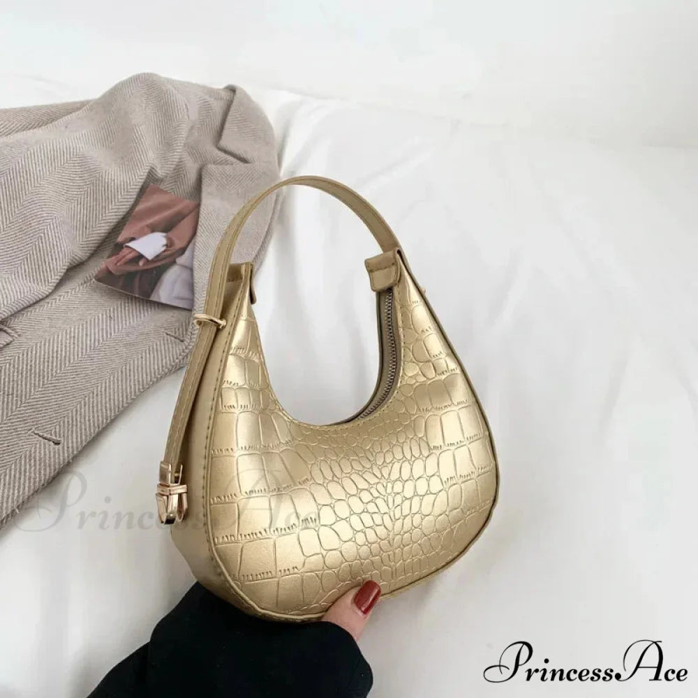 High-end PU Leather Petite Shoulder Clutch Bag Gold-Alligator shoulder-250126