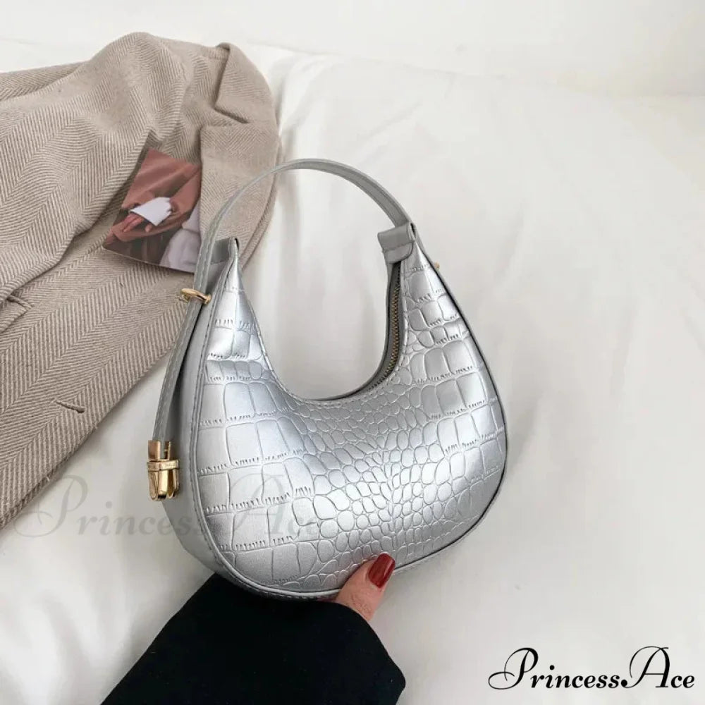 High-end PU Leather Petite Shoulder Clutch Bag Silver-Alligator shoulder-250126