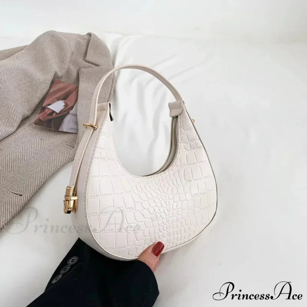 High-end PU Leather Petite Shoulder Clutch Bag White-Alligator shoulder-250126